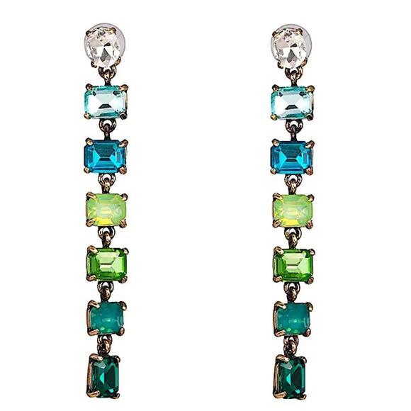 Antique Gold Emerald Cut Crystal Opal Sapphire Aquamarine Tassel Drop Earrings - Picture 10 of 12